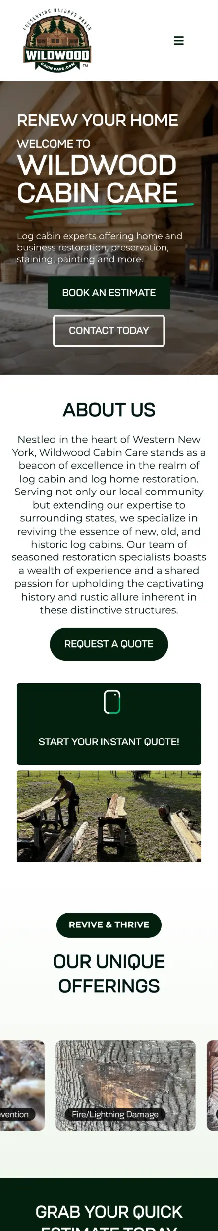 Wildwood Cabin Care website on a phone