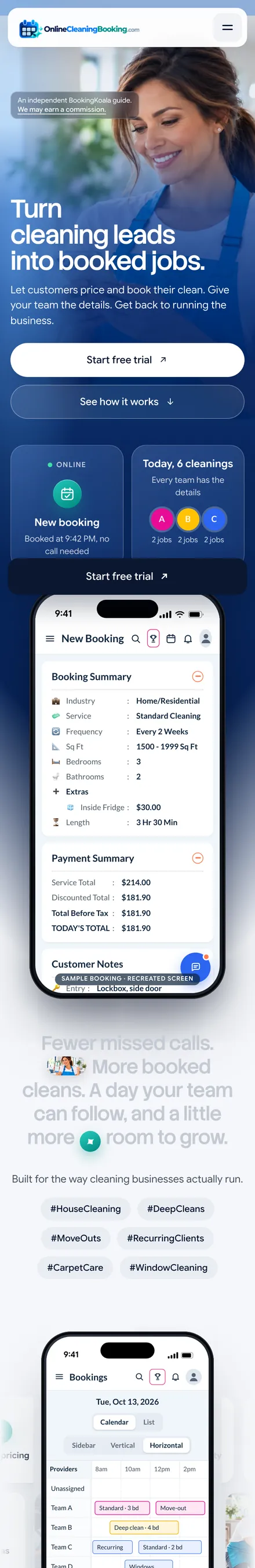 Online Cleaning Booking website on a phone