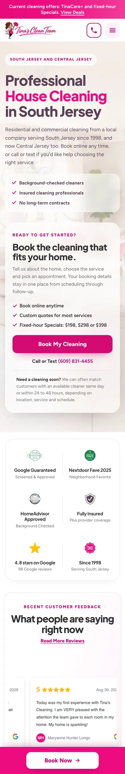 Tina’s Clean Team website on a phone
